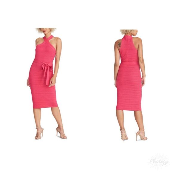 Rachel Roy Solid Textured Knit Midi Halter Dress Zip Lined Tie Waist Pink Sz M - Picture 1 of 16